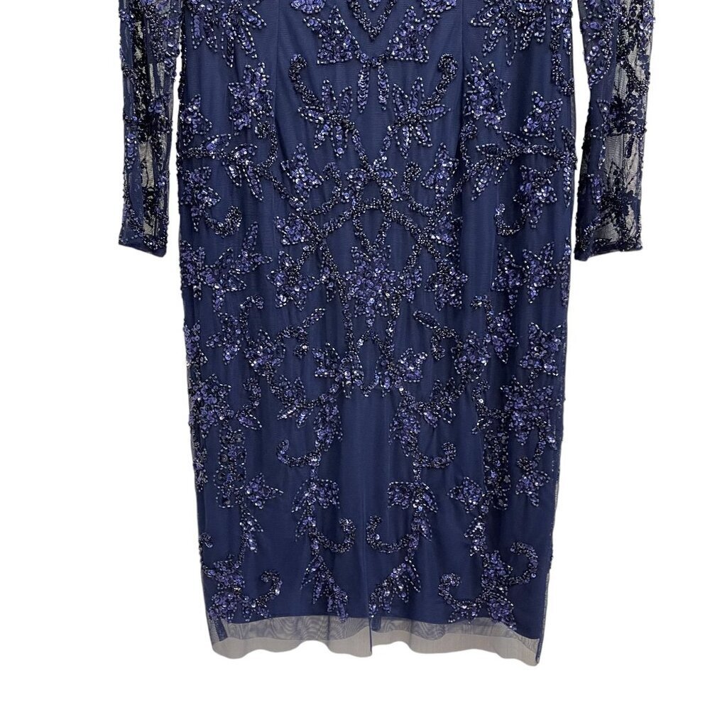Adrianna Papell Navy Beaded Sequin Midi Dress Long Sleeve Size 4 - Picture 4 of 16